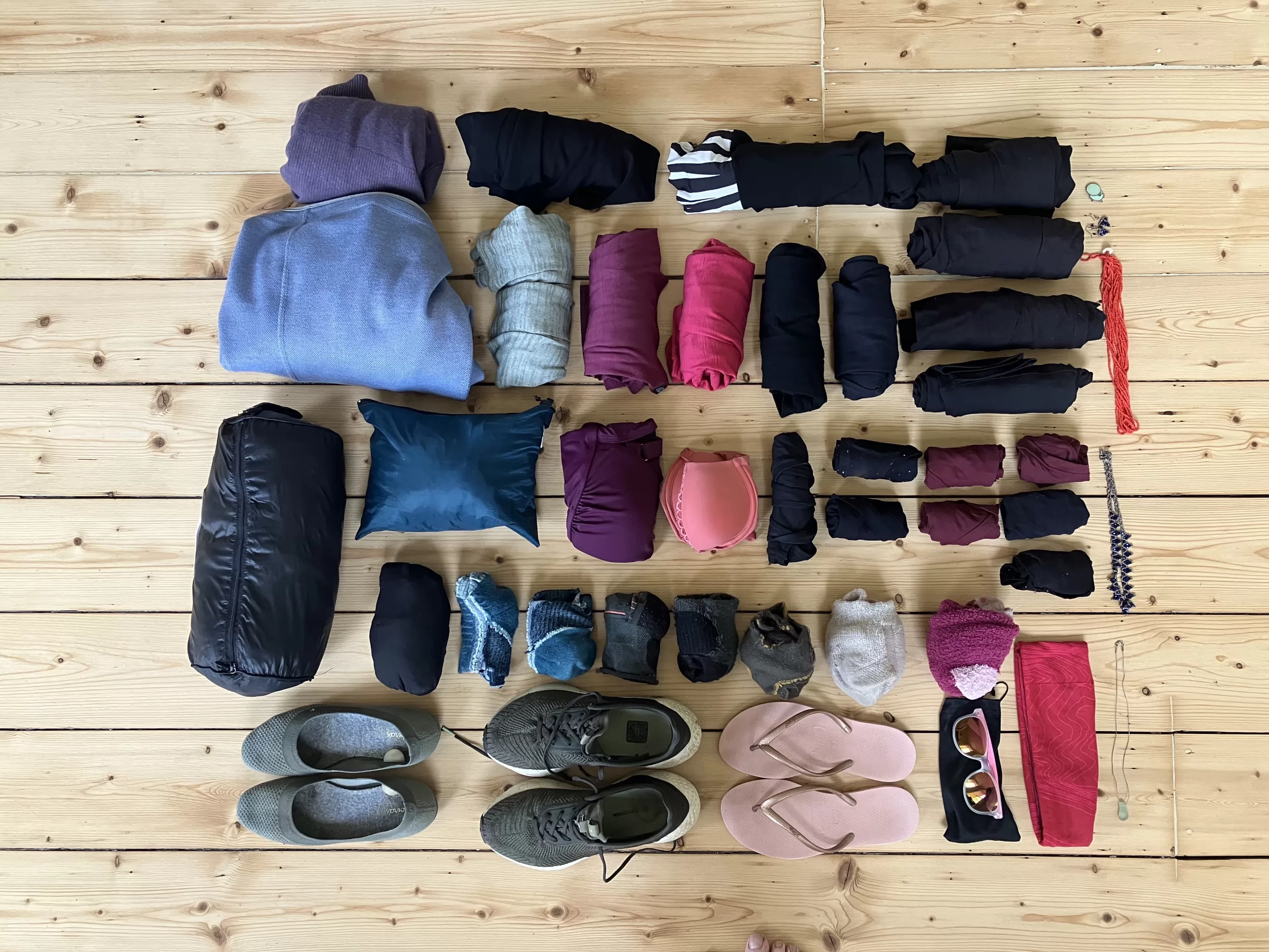 What is packed in my bag after three years. About 50 items rolled up on floor and arranged neatly.
