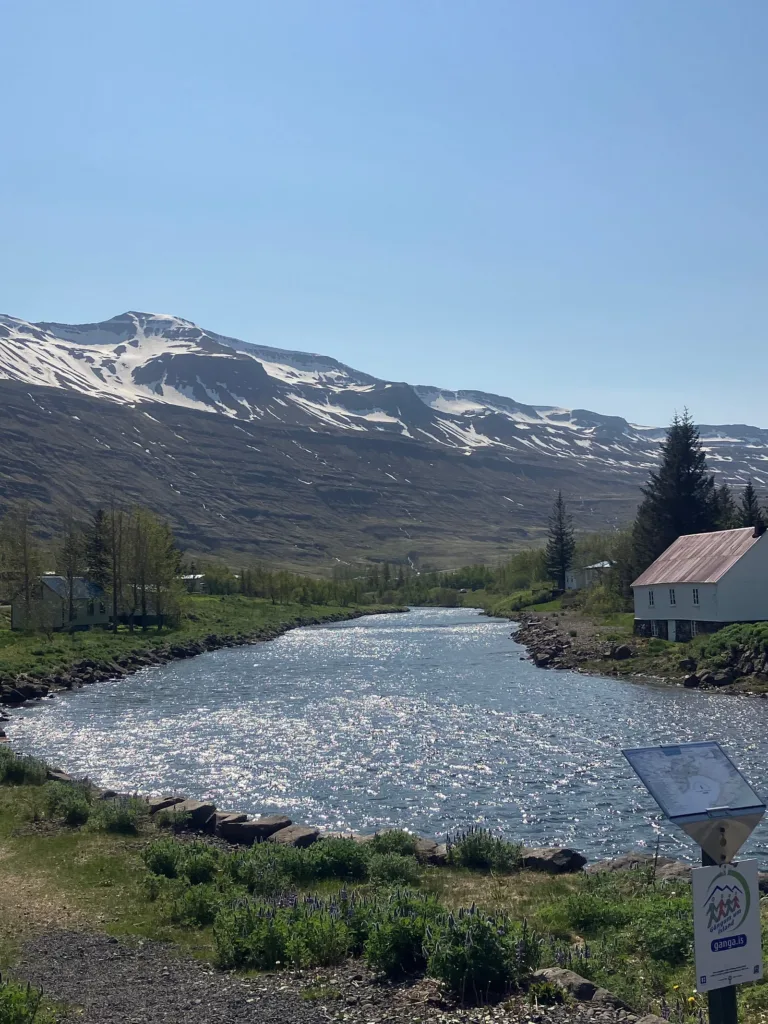 River with mountains in background.