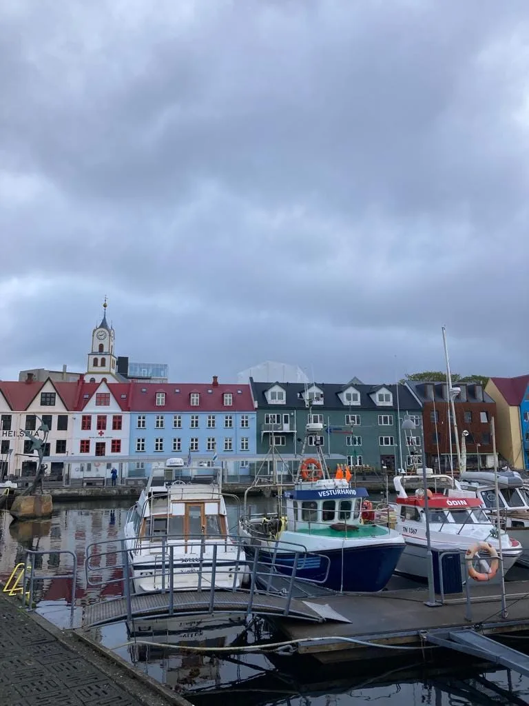 Harbor with boats and colorful houses.