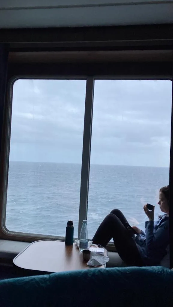 Rose sitting on the window bench over the sea.