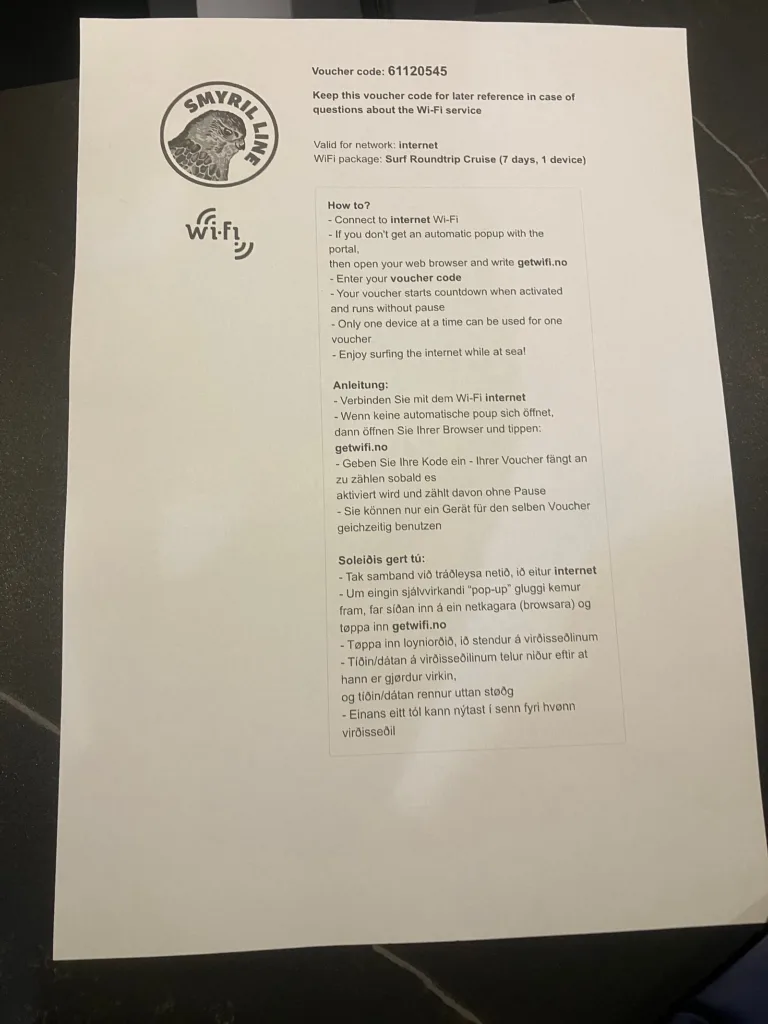 Photo of internet voucher instructions for the ferry.