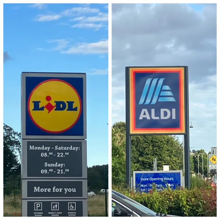 Side-by-side photo of lidl and aldi signs.