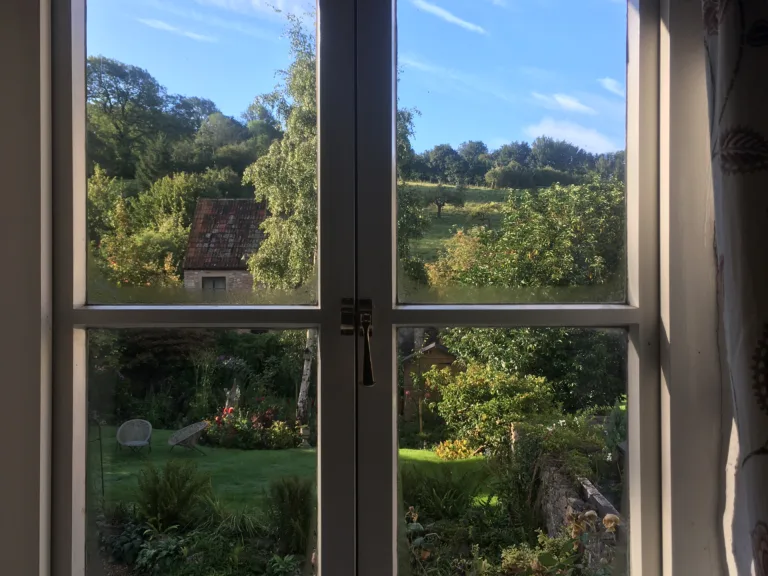 looking out a four-paned window at green countryside