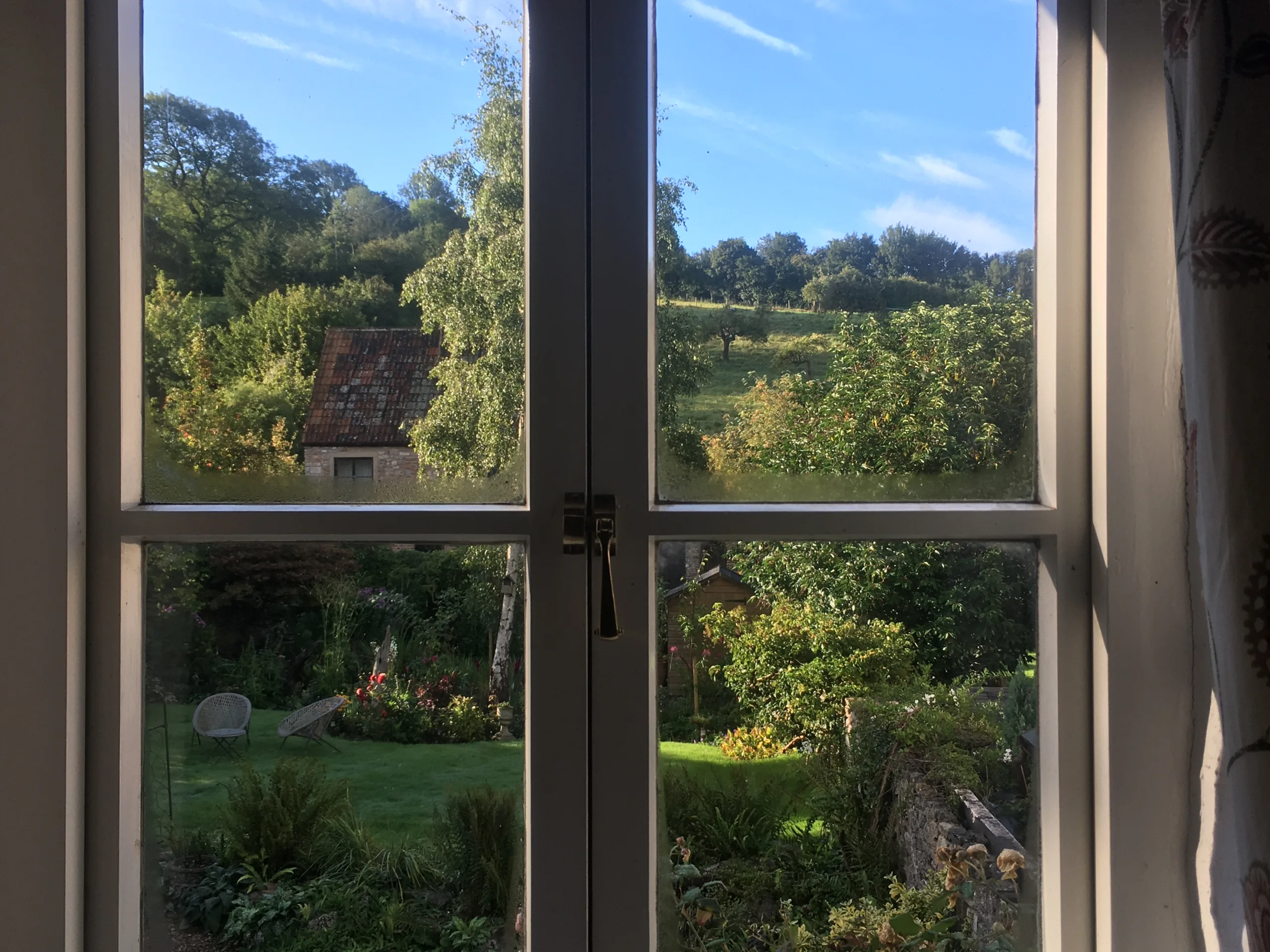 looking out a four-paned window at green countryside